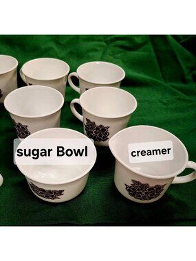 Corelle Batik Brown Floral Pattern Cups & Serving Set - 9 Pc Vintage Corning War